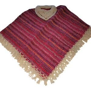 Handmade heavy poncho fringe wood button Winter One Size Multicolor Wool Cotton